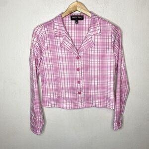 Dolls Kill Tricks N‎ Treatz Pink Plaid Button Up V-Neck Collared Shirt Blazer